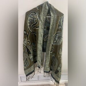Vintage Pashmina Silk Blend Paisley Dusty Blue Green reversible woven Shawl